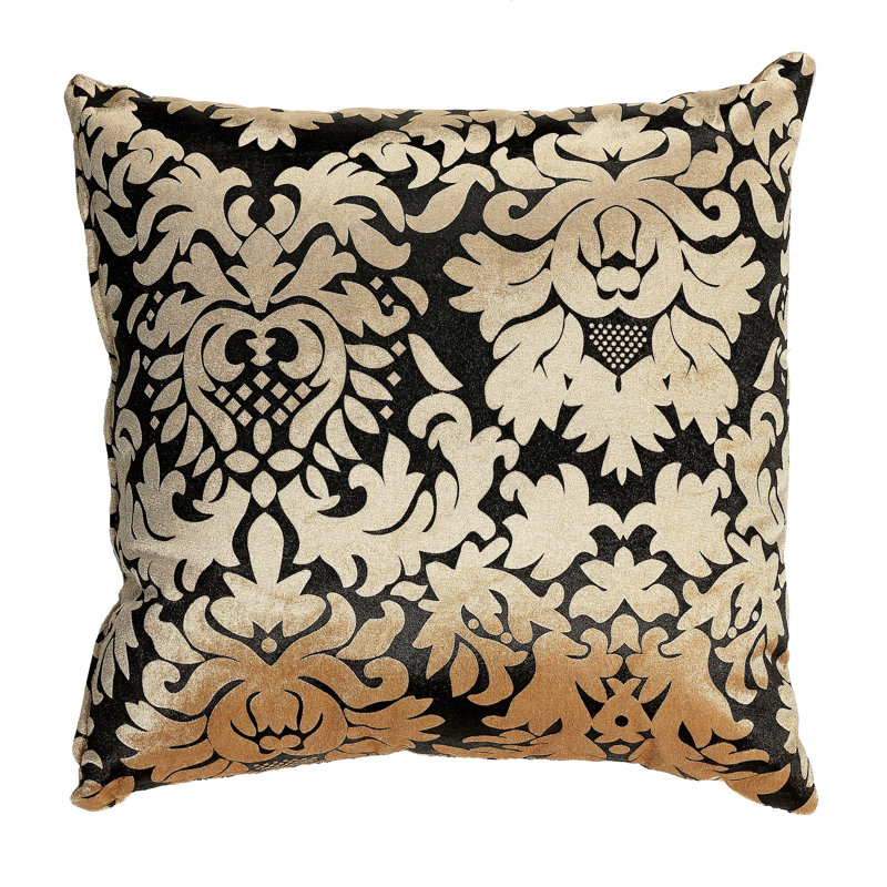 Gold and Black Velvet Damask Square Throw Pillow
