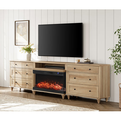 TV Stand With 36" Electric Fireplace For Tvs Up To 100'', Home Entertainment Center With 6 Drawers For 75/80/85/90 Inch TV, Oak