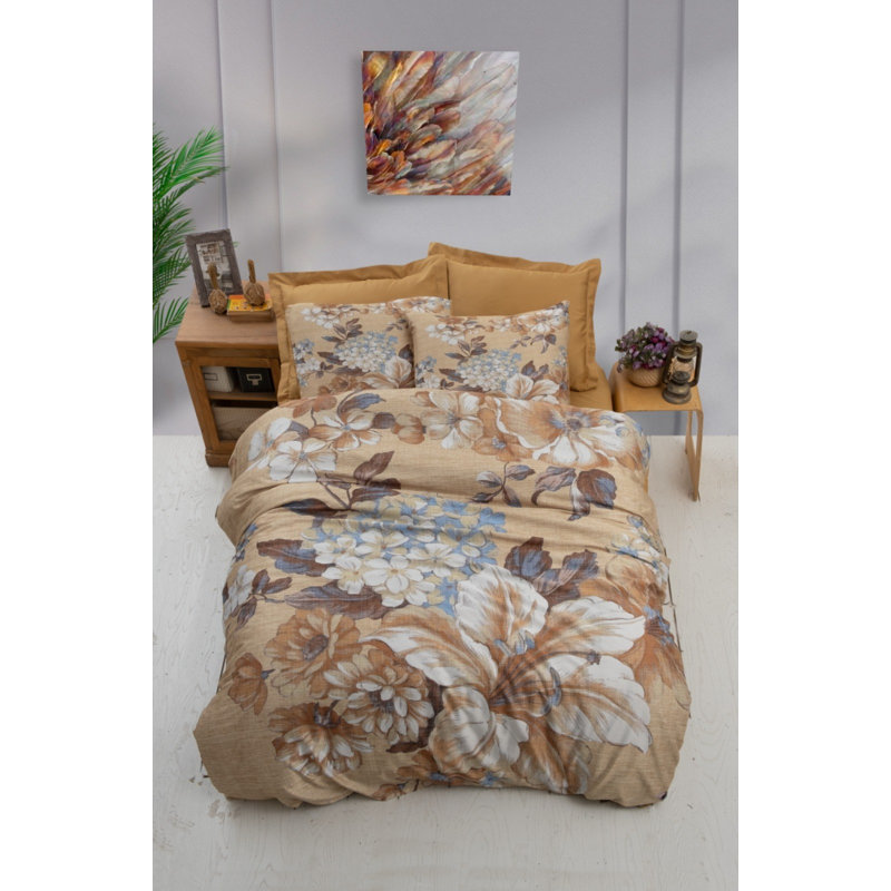Premium Single Quilt Cover Set, 100% Polyester Microsatin & Cotton, 61 x 79 Duvet Cover & 31 x 31 Pillowcase | Machine Washable, Zipper Closure, Elegant Beige & Brown Design | High-Quality 3D Printing, Soft & Durable