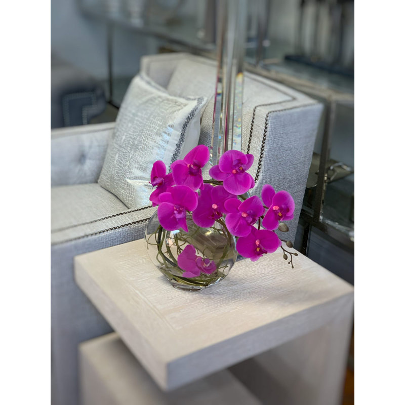 Orchid Arrangement in Round Glass Vase with Vines, Magenta