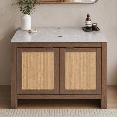 Freestanding Rattan‑Look Bathroom Vanity Base Cabinet, Modern Farmhouse Storage Cabinet with Soft‑Close Double Doors, No Sink Included