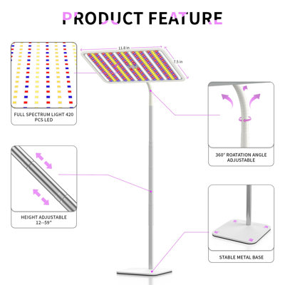 48W Grow Lights For Indoor Plants With Stand, Full Spectrum LED Plant Light For Indoor Plants,12-59 Inches Height Adjustable Growing Lamp With Auto On/Off Timer 4H/8H/12H, 4 Dimmable Brightness
