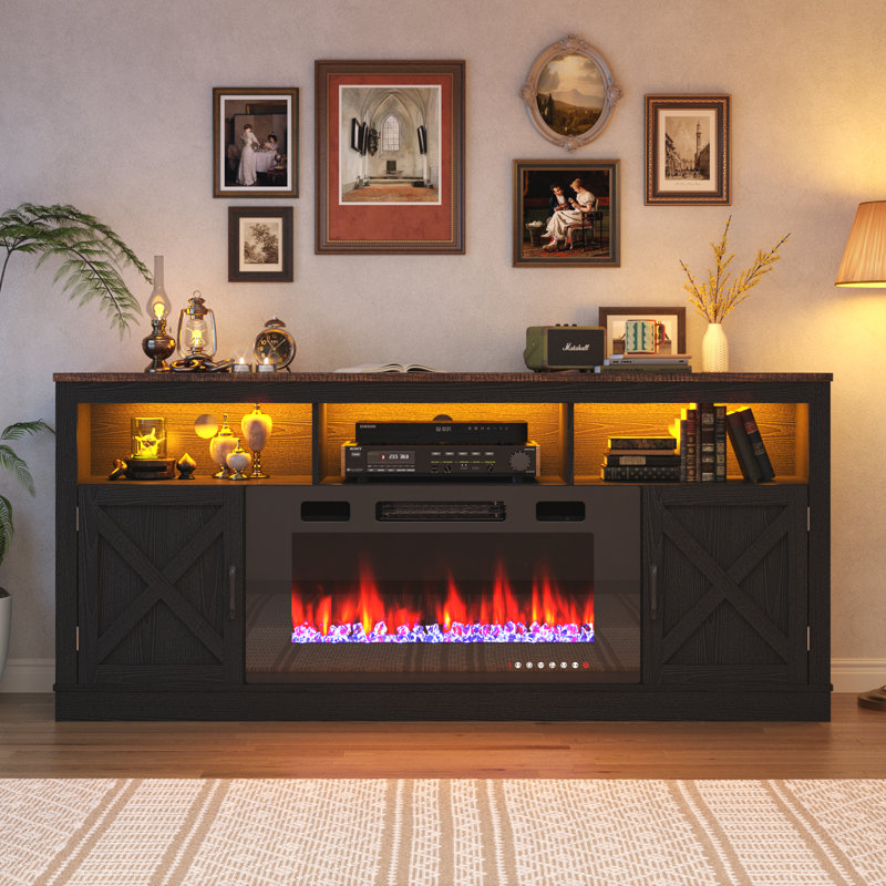 Zev Storage Credenza with Fireplace Included, 31.5" H x 70.8" W x 13.8" D, Black
