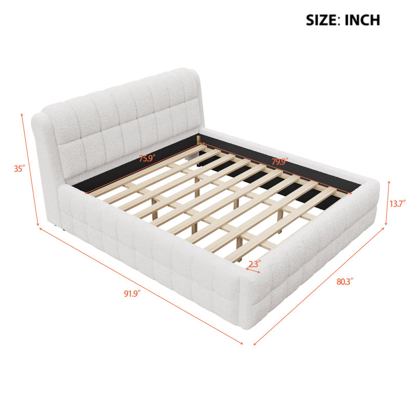 Très grande base de lit tapissier avec tête de lit, lit en tissu moderne avec lattes en bois massif, sans sommier tapissier, blanc