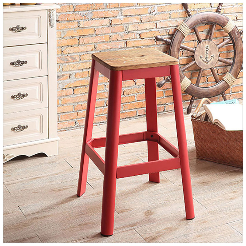 Tabouret de bar sans accoudoirs avec support à barre transversale, Brun/rouge