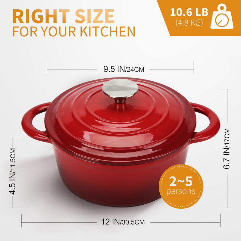 Trustmade Non-Stick Enameled Cast Iron Round Dutch Oven, Red, 4.5.qt