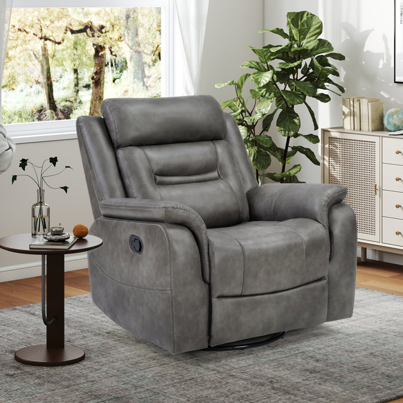 38.2" Wide Modern And Ergonomic Swivel And Glider Vegan Leather Manual Recliner, Gray Faux Leather