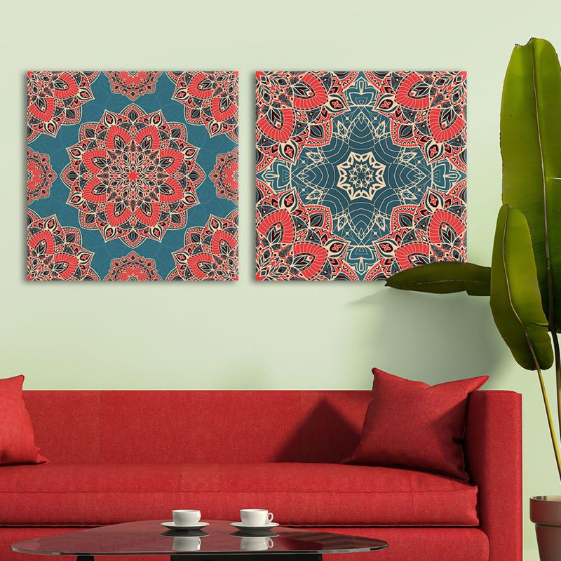 Mandala variété rouge et bleu sarcelle, motif exquis sur toile, impression sur toile 2 pièces Mandala