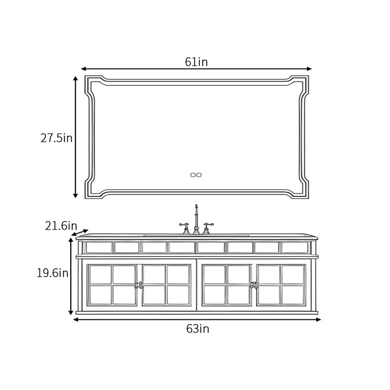 Armoire de salle de bain rétro française, H 19,6 po x l 63 po x P 21,6 po