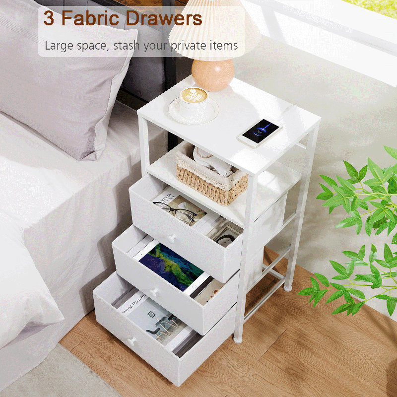  Table de bout avec 3 tiroirs en tissu, Blanc