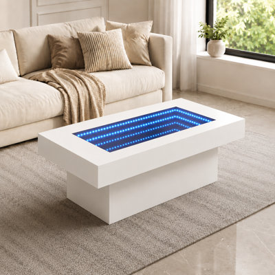 Table basse à DEL 42,5 po Infinity Mirror, éclairage multicolore, plateau en verre trempé teinté, table centrale rectangulaire, blanc