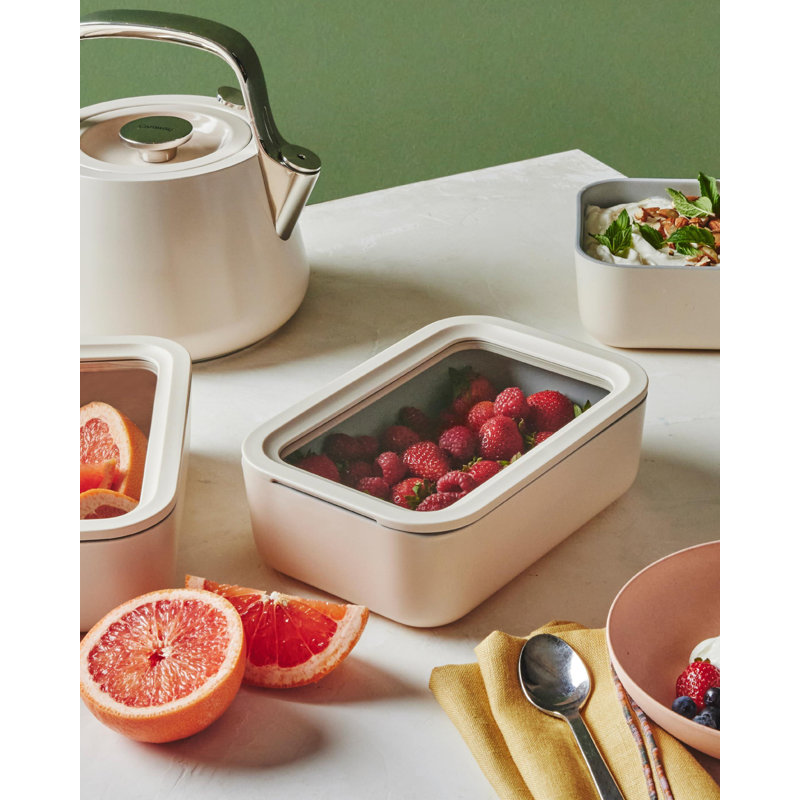 Glass Food Storage Container, Ceramic Coated, Non-Stick with Lid, Dishwasher, Oven & Microwave Safe (Cream), Cream