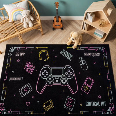 Neon Arcade Controller, Gaming Area Rug, Black, Non-Slip Backing