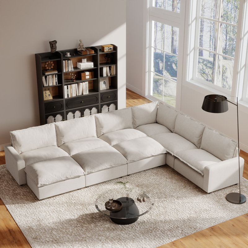 9-Piece Upholstered Modular Linen Fabric Sofa Bed Sectional, Beige Linen