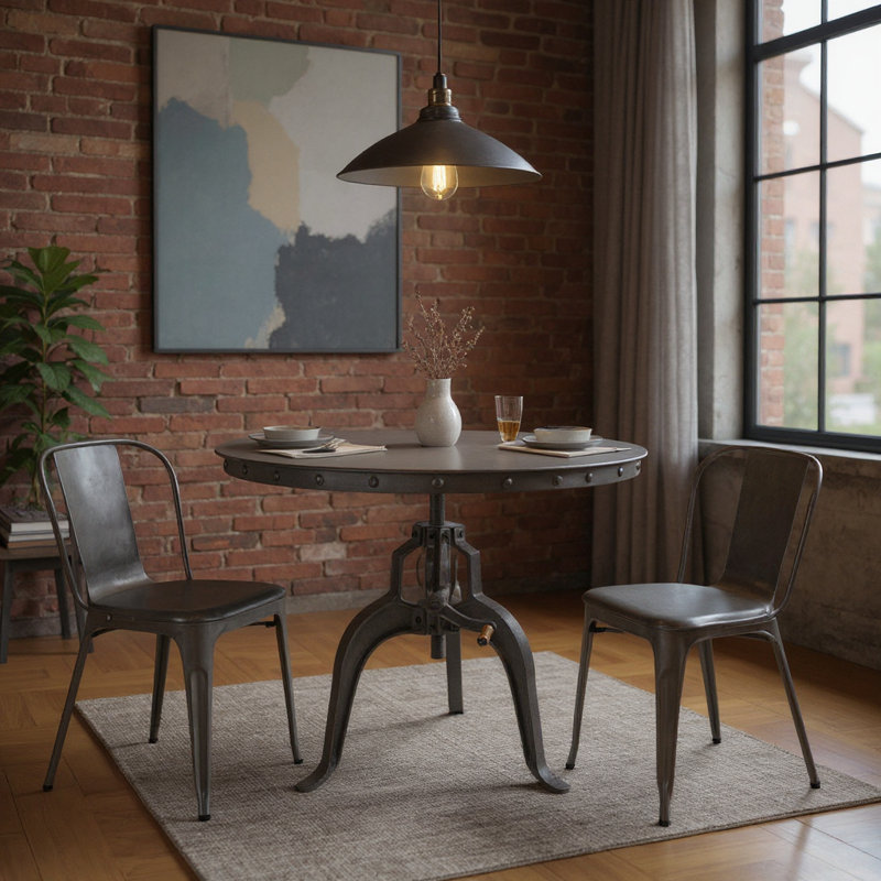 36" Industrial Gray Adjustable Crank Round Top Dining Table., Gray, Manufactured Wood