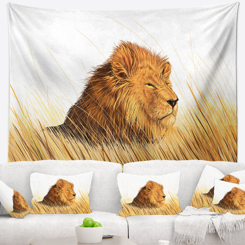 Lion regardant la tapisserie de l'environnement Animal, H 32 po x l 39 po