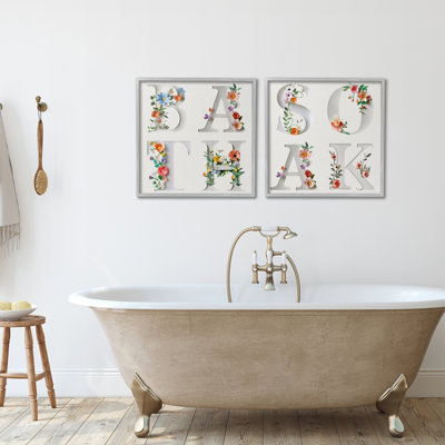 Relaxing Floral Bathroom Typography 2 Piece Framed Giclee Art Set, design by Susan Arnot