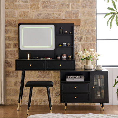 Modern Makeup Vanity Desk With Mirror And Lights, Retractable Dressing Table With Drawers And Cabinet, Compact Makeup Table Set With Power Outlet For Bedroom, White