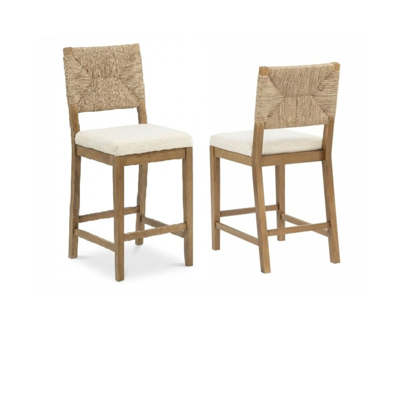 Bohemian Wooden Bar Stool Set Of 2, Upholstered Counter Height Chair With Solid Wood Frame And Woven Back For Kitchen Island