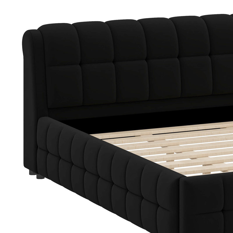 Très grand lit plateforme tapissier avec tête et pied de lit épais, Noir