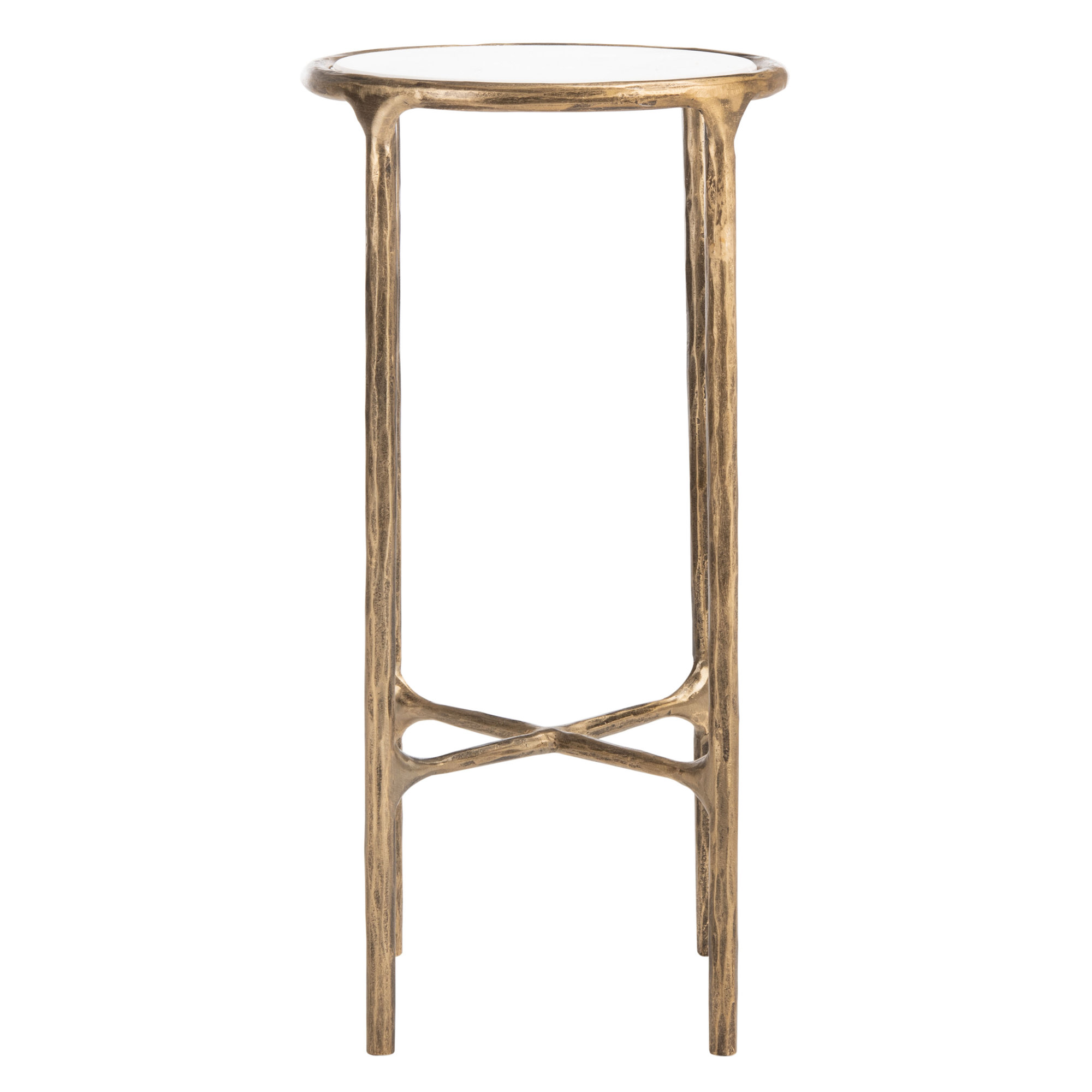 Evelynn Glass Cross Legs End Table, White Marble Top/Brass Base