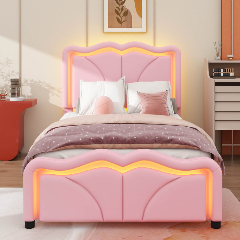 Lit plateforme tapissier Sleek Curved Design, Lit simple, Rose