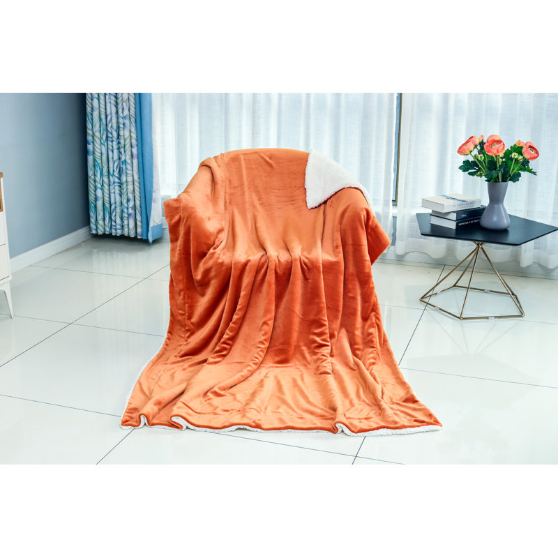 Sherpa Fleece Blanket Throw, Orange, 130 x 150cm