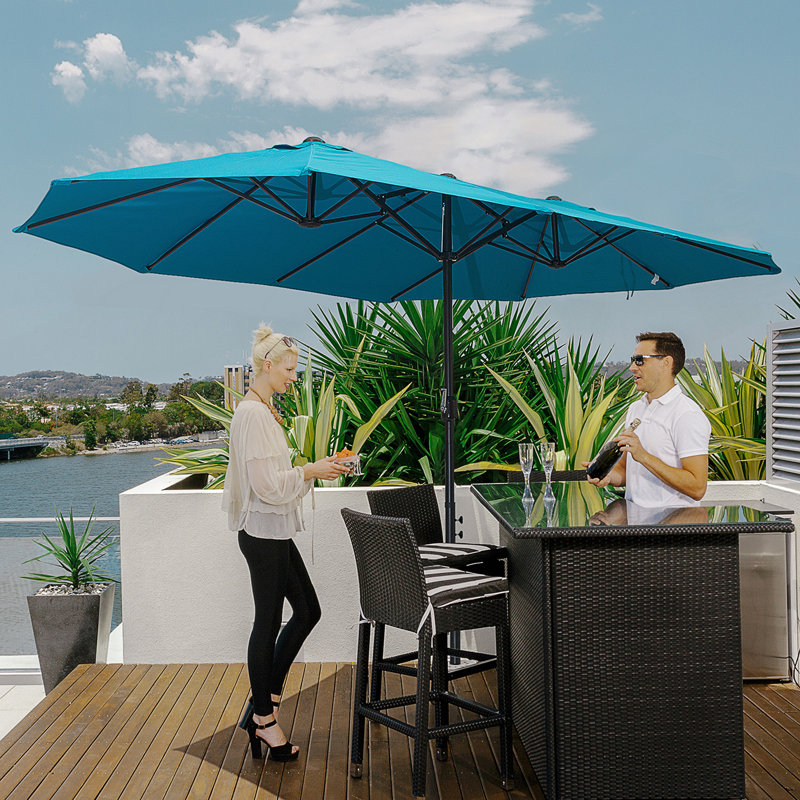 Très grand parasol d'extérieur à double face avec poignée à manivelle et bouches d'aération pour patio, terrasse, piscine, marché, bleu
