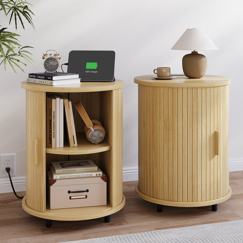 Round End Table with Charging Station, Oak, 1