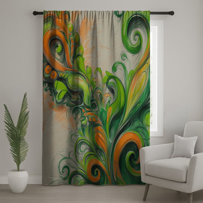 Rideaux vert et orange à motif de tourbillons, voilages et voilages occultants - 1 panneau