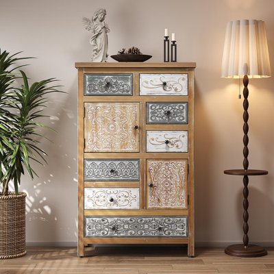 Armoire d'appoint vintage rétro en bois avec 7 tiroirs et 2 portes, coffre de rangement rustique multicolore sculpté pour le salon, la chambre à coucher, la salle de bain, décor de style maison de campagne