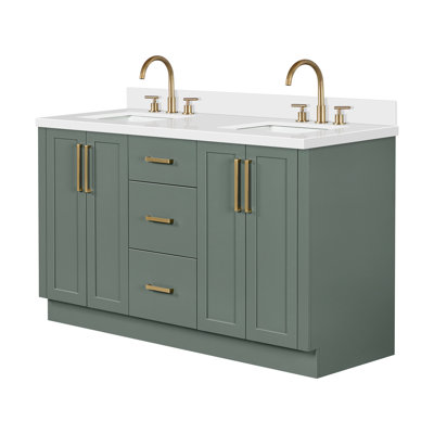 61 Inch Double Rectangle Sink Bathroom Vanity with Pure White Quartz Countertop 1.5 Inch in Black