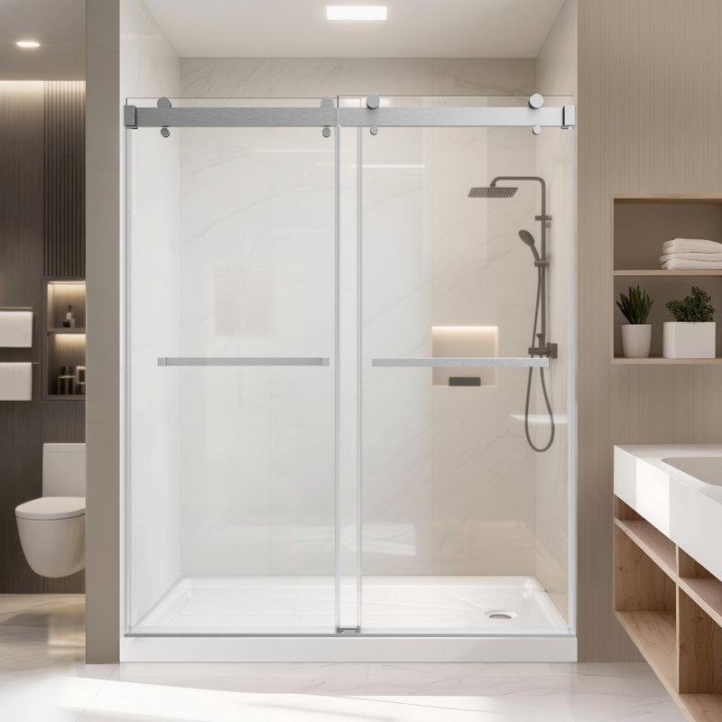 60"W x 76"H Sliding Shower Door, 3/8”(10mm) Tempered Glass, Stainless Steel Track, Smooth Glide with Buffer, Adjustable 4” Range, Left/Right Installation