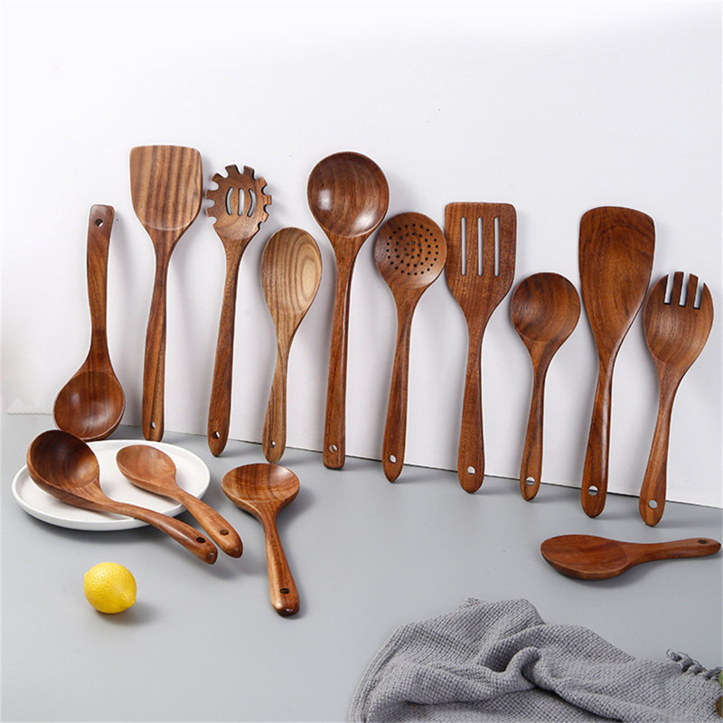 14PCS Wood Kitchen Utensil Set With Long Handles - Tongs, Spoon, Spatula For High Heat Cooking