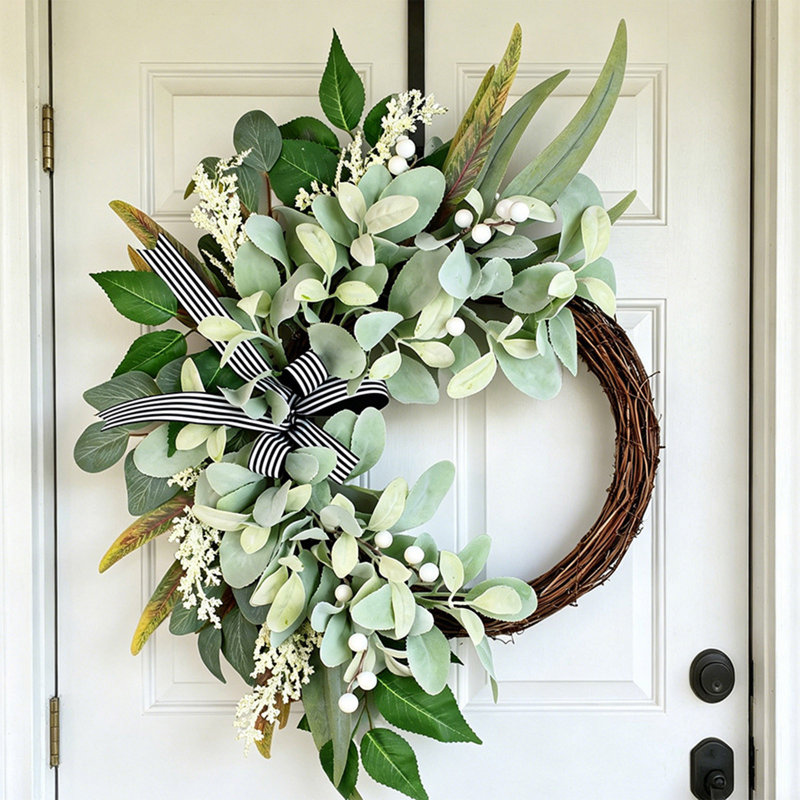 Artificial Lambs Ear Wreath With Black White Bow For Front Door