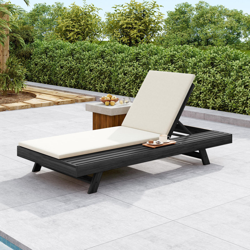 Archer Patio Acacia Wood Chaise Lounge with Adjustable Back & Removable Cushion, Cream Cushion/Black Frame