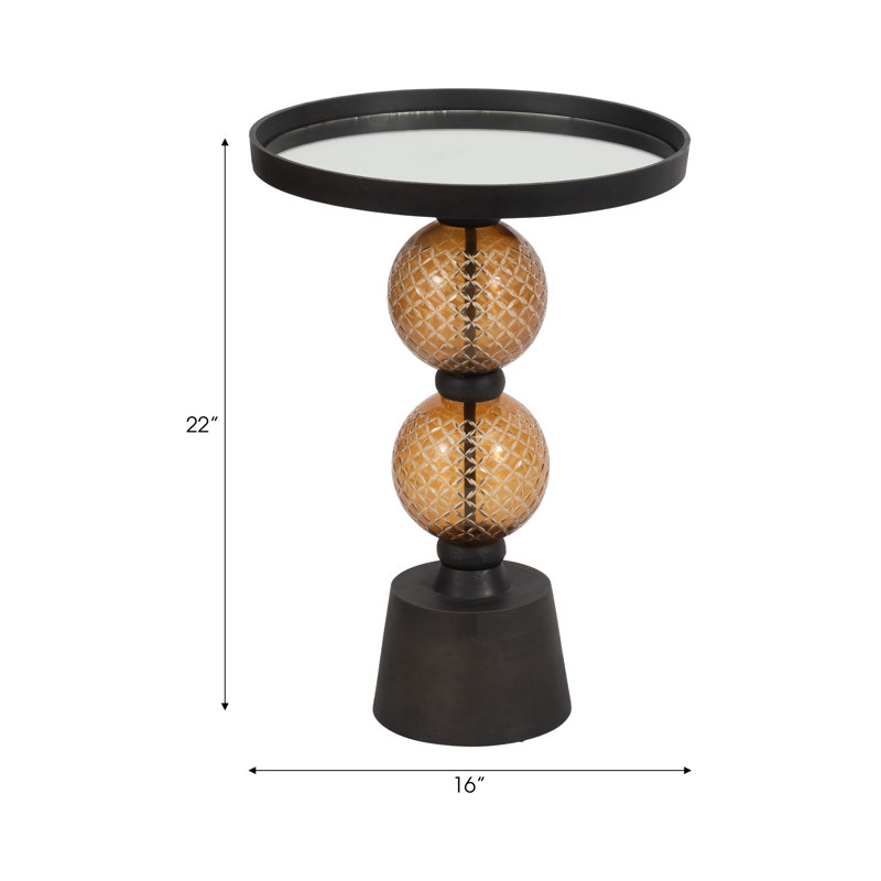 Modern Mirrored Top Side Table with Metal Base Contemporary Orb Accent Table, 22" H x 16" W x 16" D, Black/Gold