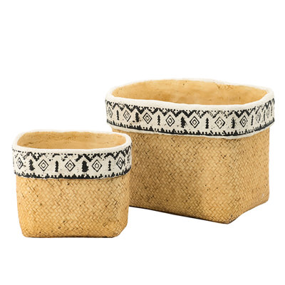 Geometric Trim Brown Multi Rectangular Basket Planters Of 2 Cement For Indoors Or Outdoors Use, L:10.4X8.7X7.9 S:7.3X5.5X5.9 Inches, 12.1 Lbs Decor,