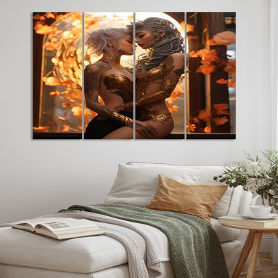 «Divine Love Sensual Goddess Couple Kissing IV», reproduction sur toile 4 pièces