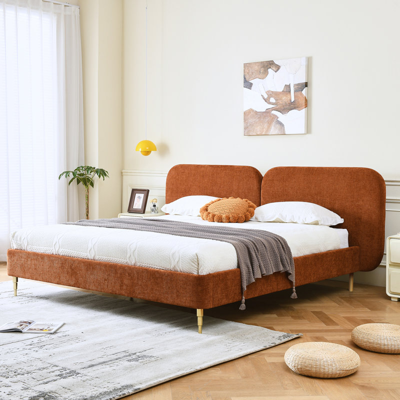 Lit plateforme tapissier avec dossier, Très grand, Ocre