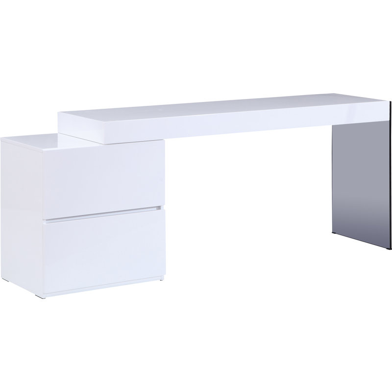 Bureau d'écriture en bois manufacturé 2 tiroirs avec base en verre Fajardo, Blanc