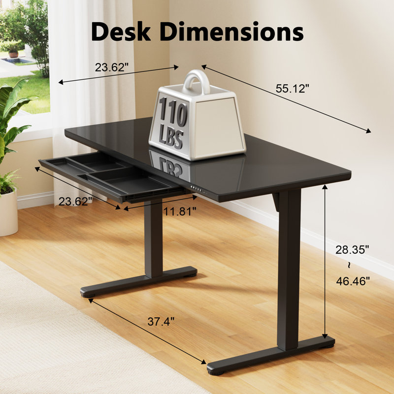 55" Glass Top Height Adjustable Standing Desk with Drawer and USB Charging, LED Display, and Mobile Phone Stand,Black, Black