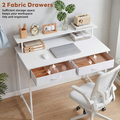 White 2-drawer Computer Desk, Small Home Office Desk With Drawers, Writing Desk Study Desk with with Monitor Stand