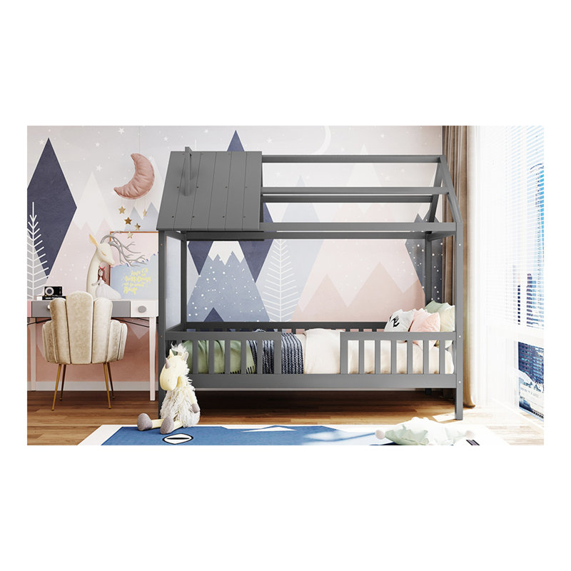Lit simple en bois avec clôture, gris