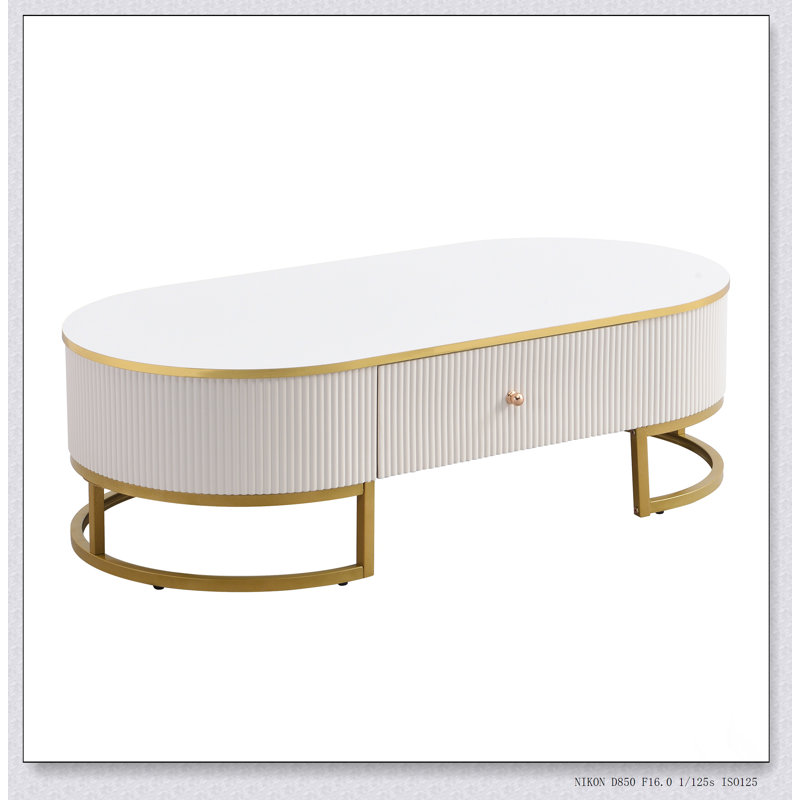 Table basse moderne ovale avec tiroirs spacieux, conception à profil courbé et décor en métal doré pour les salons élégants