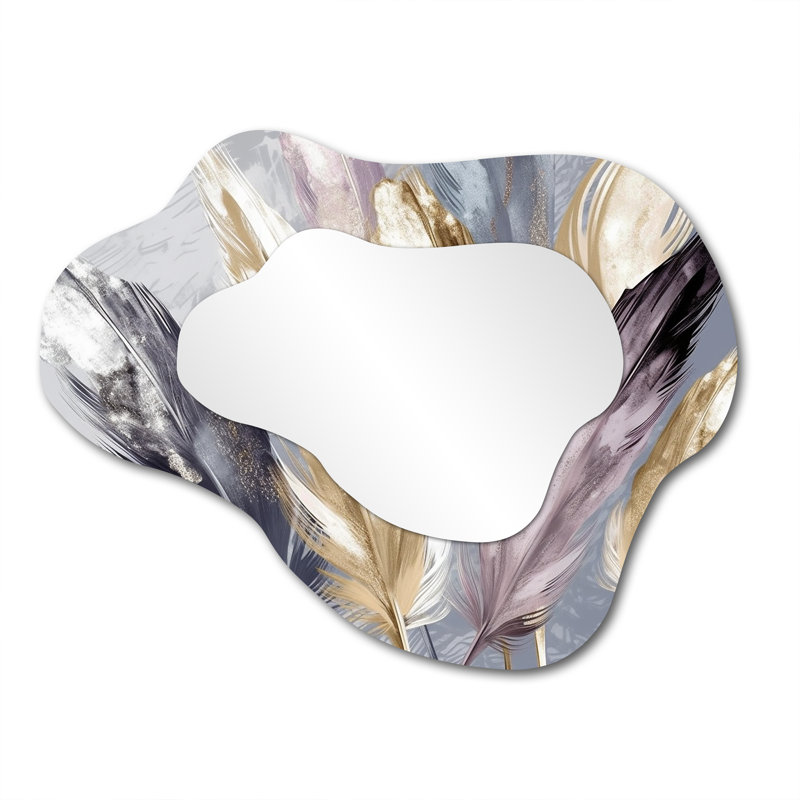 Purple Feather Boho Majesty - Glam Feather Unique Shape Wall Mirror, Modern Freeform Decorative Mirror, Printed Metal Art