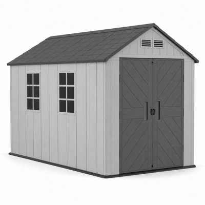 Abri de jardin en PEHD de 1,9 m de large x 2,6 m de profondeur, avec plancher et portes doubles pouvant accueillir un cadenas.