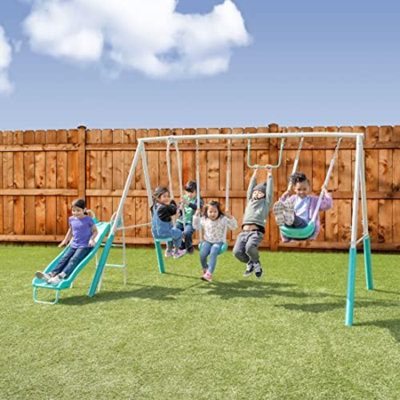 Portique en métal pour enfants de 3 à 8 ans Arcadia - Trapèze, planeur pour 2 personnes, glissade de 5 pi, ensemble d'ancrage, structure en acier durable de 6,1 pi - Ensemble de jeu pour l'extérieur avec capacité de 600 lb (sarcelle)