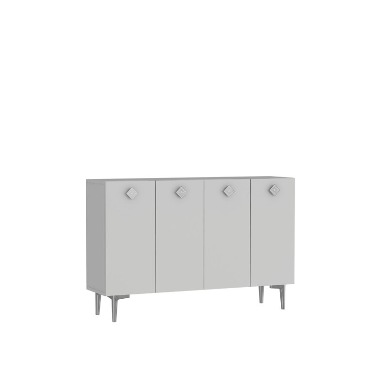 Console moderne blanche avec tablettes, panneau de particules enduit 100% mélamine, épaisseur: 0,7 pouce | Accents argentés muraux élégants pour une décoration contemporaine