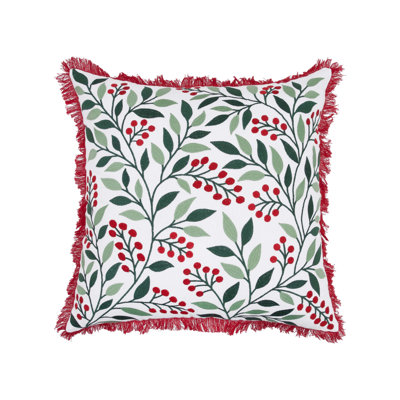 Coussin décoratif brodé à motif de feuilles de houx et de baies 18 po x 18 po
